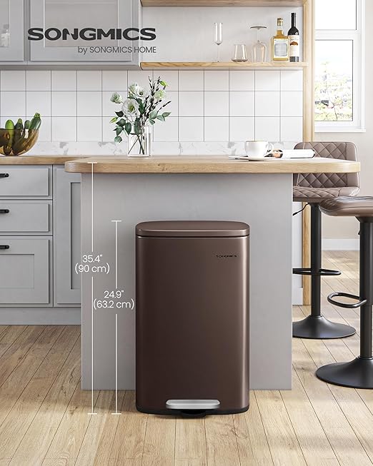SONGMICS 13 Gallon (50 L) Trash Can, Stainless Steel Kitchen Garbage Can, Recycling or Waste Bin, Soft Close, Step-On Pedal, Removable Inner Bucket, Brown ULTB50BR