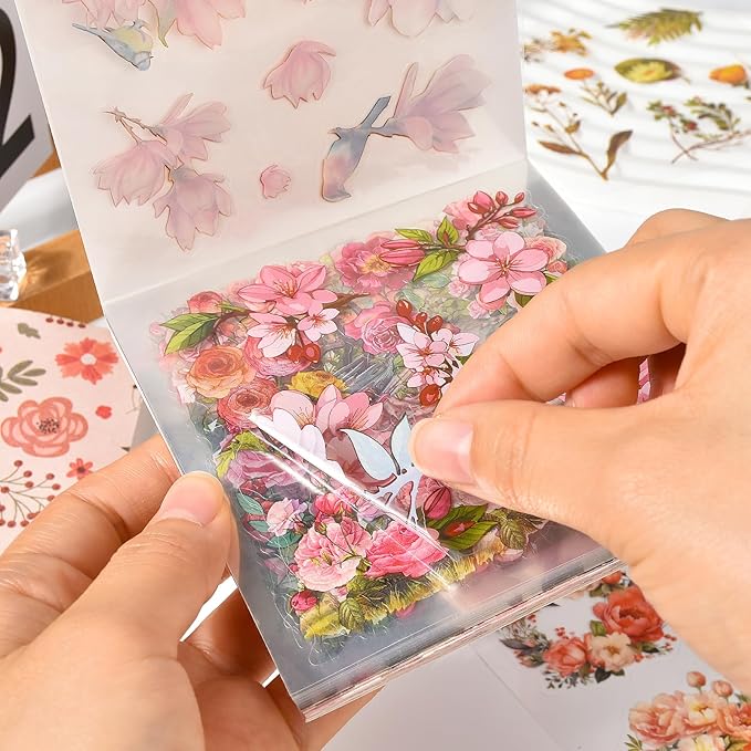 Snycler Scrapbooking Supplies, Vintage Journaling - 25 Sheets PET & 25 Sheets Paper Stickers, DIY Craft Stickers for Junk Journals, Ephemera Sticker Book, Pink Flower Themes, Pre-Cut Designs