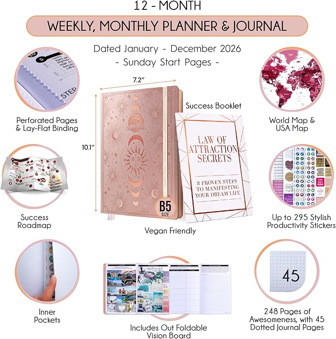 2026 Planner Weekly and Monthly | Law of Attraction Planner with Panduo App | A 12 Month Journey for Productivity, Gratitude & Goal Setting | Includes Foldable Vision Board, Gift Box & Stickers