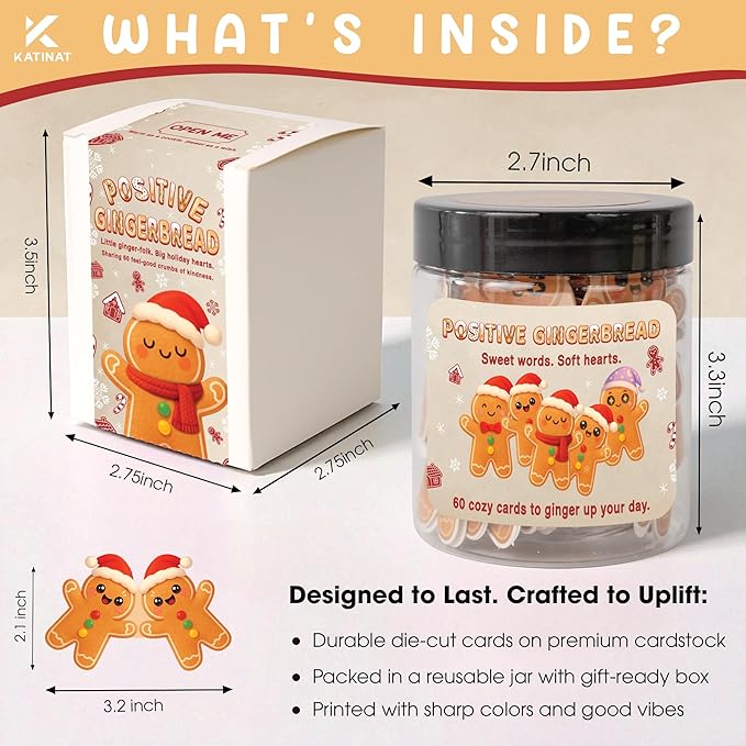 Positive Gingerbread Jar – 60 Funny Emotional Support Gingerbread, Christmas Gifts for Teens, Women, Men, Coworkers, Teachers, Sisters, Friends – Christmas Stocking Stuffer for Teen Girls, Boys, Women