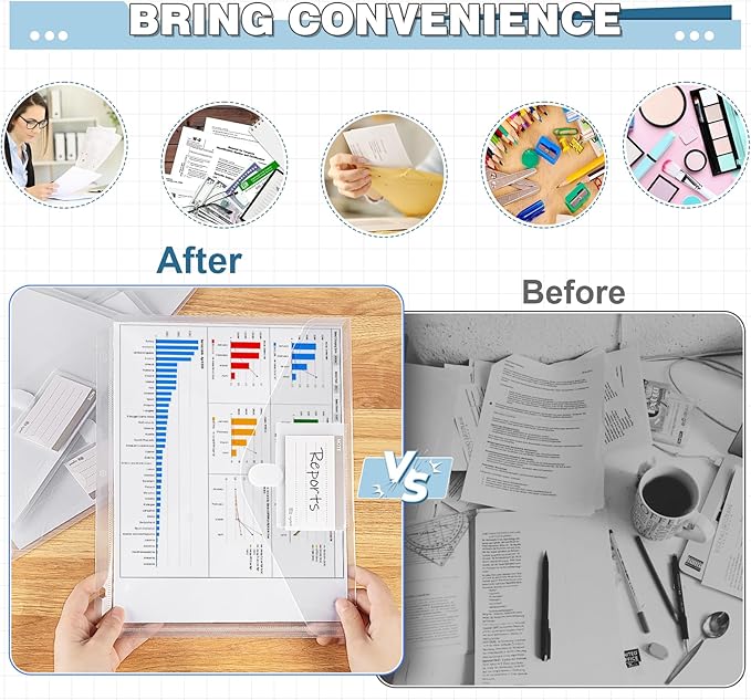 Clear Binder Pockets for 3 Ring, 28 PCS Plastic Binder Folders Envelopes with Extra-Long Hook and Loop Closure, Letter Size Heavyweight Poly Binder Organizer with Label Pocket for School Office Home