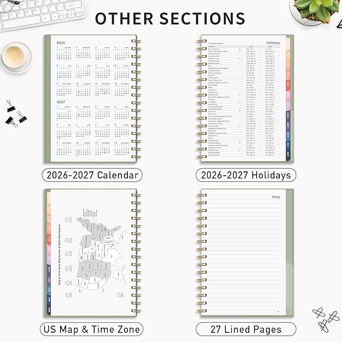 RETTACY 2026-2027 Monthly Planner, Jan 2026 - Dec 2027, Medium Size (5.7" x 8.3"), Agenda, Calendar, 24 Month Tabs, Flexible Plastic Cover, 100 GSM Thick Paper, Spiral-bound (Light Green)