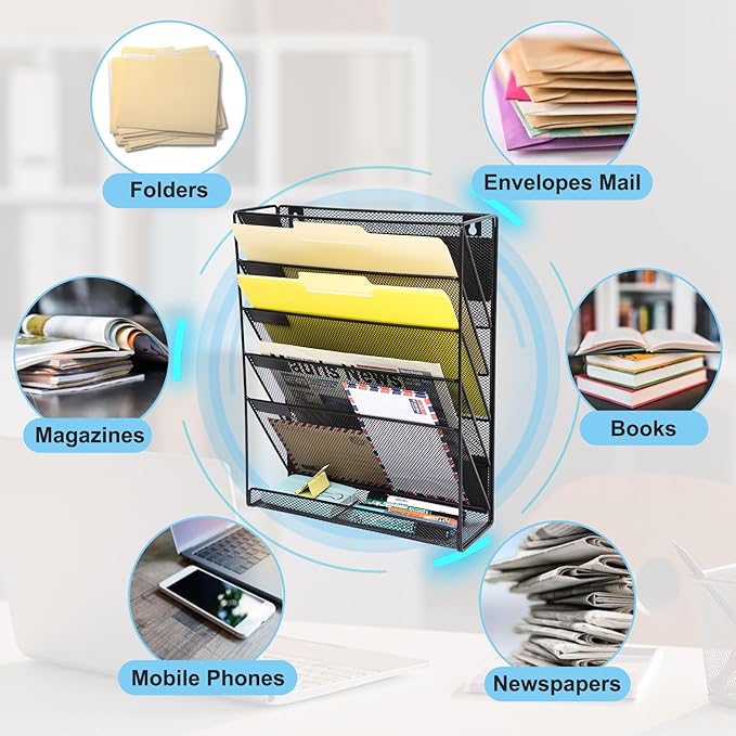 EASEPRES Magnetic File Organizer Mesh 6-Tier, Hanging Wall Mount File Organizer Vertical Holder Rack for Office Home, Black