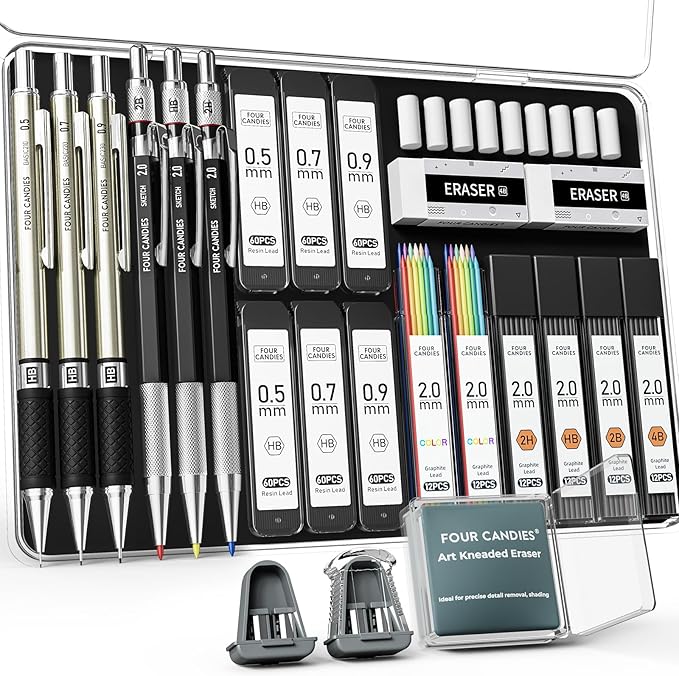 Four Candies 25PCS Art Mechanical Pencil Set with Case, 3PCS Metal Artist Lead Pencil 0.5, 0.7, 0.9 mm & 3PCS 2mm Holder (HB 2H 2B 4B Color) with 432PCS Graphite Lead Refills for Drawing Sketching