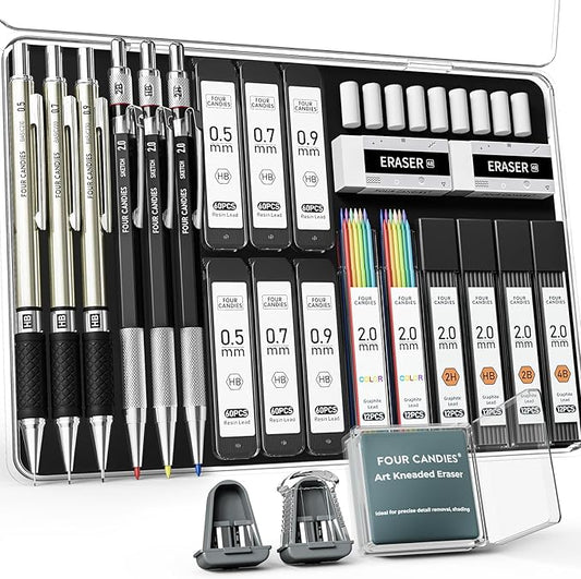 Four Candies 25PCS Art Mechanical Pencil Set with Case, 3PCS Metal Artist Lead Pencil 0.5, 0.7, 0.9 mm & 3PCS 2mm Holder (HB 2H 2B 4B Color) with 432PCS Graphite Lead Refills for Drawing Sketching
