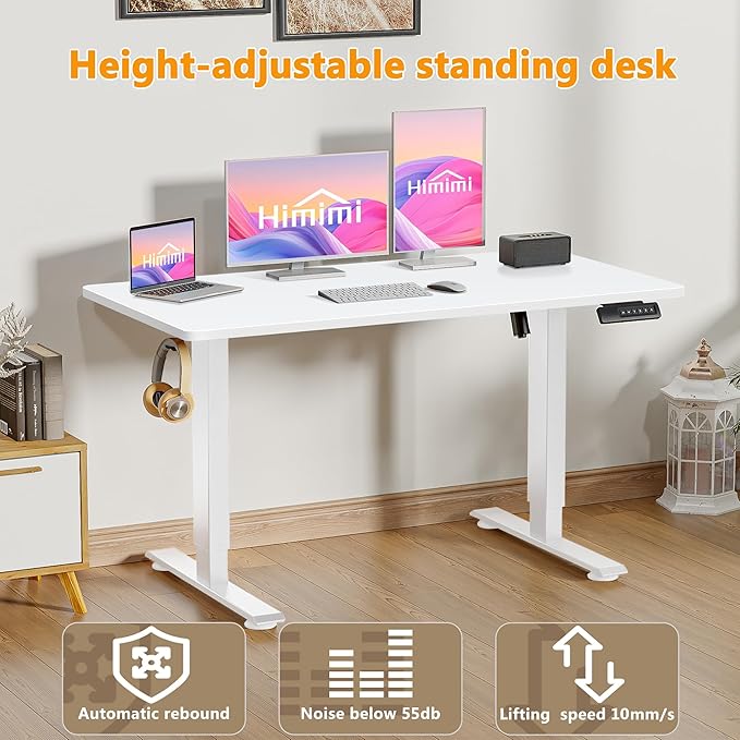 Himimi Electric Standing Desk 48 x 24 inch for Home Office,Sit-Stand Adjustable Desk with Memory Presets,Height Adjustable Desk for Gaming/Working,Free Hook, Lockable Wheels,White