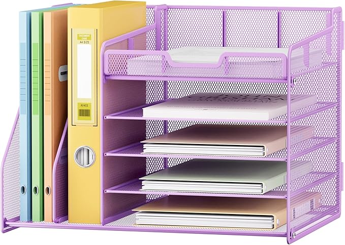 Lavatino 5-Tier Desk Organizer with 2 File Holders, Metal Adjustable Paper Letter Tray for Office or Home Desk Organizers and Accessories | 7 Flexible Dividers Keep Workspace Supplies Neat, Purple