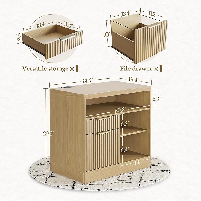 2 Drawer Fluted File Cabinet, 32'' Lateral File Cabinet with Lock and AC/USB for Legal/Letter/A4/F4 Size, Wood Filing Cabinet with Storage Shelves for Home Office, Light Walnut