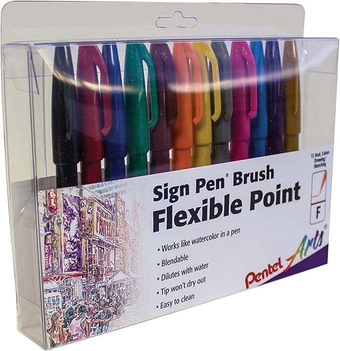 Pentel SES15CPC12 Sign Pen Brush Flexible Point Marker, Assorted, 12/Pack