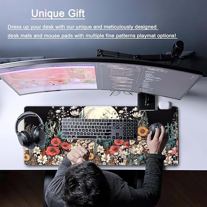 Cute Watercolor Floral Desk Pad Mouse Pad Full Moon Daisy Desk Mat XL Large Extended Anime Gaming Mousepad 31.5''x11.8'', Aesthetics Women Office Decor Matt Keyboard Mouse Mat with Stitched Edges