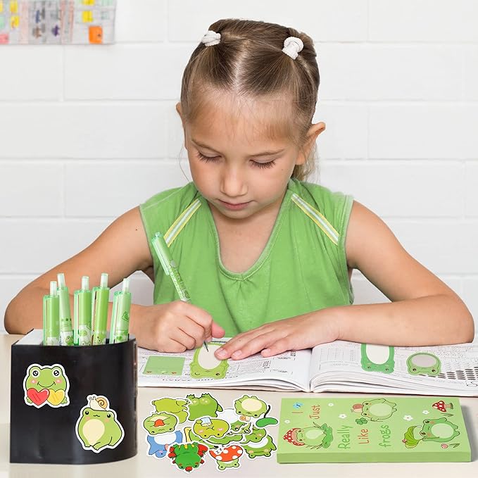 Xqumoi 57Pcs Frog Sticky Notes with Pen Stickers Stationery Set 0.5mm Black Gel Ballpoint Pens Frog Self-Stick Notes Pads Cartoon Frog Vinyl Stickers Back to School Office Supplies Party Favor Gift
