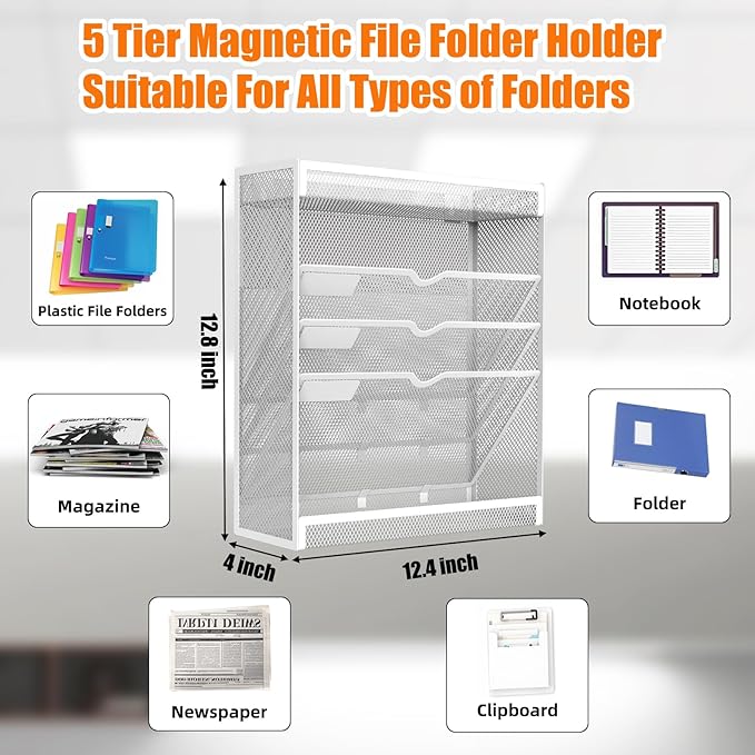 5 Tier Magnetic File Holder, No Drilling Wall File Organizer, Magazine Paper Mail Document Holder/Magnetic Hanging File Organizer for File Cabinets,Whiteboard refrigerator,Office,Classroom (White)