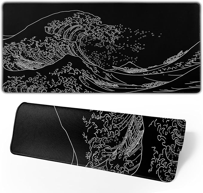 Japanese Sea Wave Large Mouse Pad, Anime Black Gaming, Extended Kanagawa Mat Desk Pad, 3mm Thick Long Non-Slip Rubber Base Mice Pad, 31.5 X 11.8 Inch