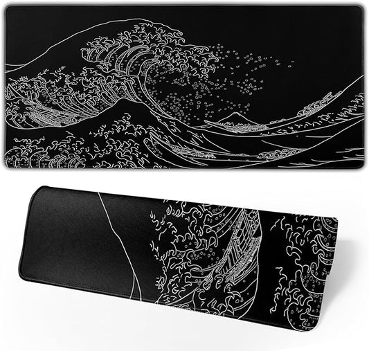 Japanese Sea Wave Large Mouse Pad, Anime Black Gaming, Extended Kanagawa Mat Desk Pad, 3mm Thick Long Non-Slip Rubber Base Mice Pad, 31.5 X 11.8 Inch