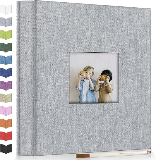 Photo Album Self Adhesive Scrapbook Album for 3x5 4x6 5x7 8x10 Pictures,60 Pages Linen Cover with Display Window DIY Photo Book,Ideal Gifts for Family Travel Wedding Baby
