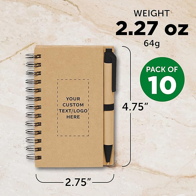 Custom Mini Spiral Notebooks with Black Ink Pens Set of 10, Personalized Bulk Pack - Perfect for School, Office, Business, Home - Black