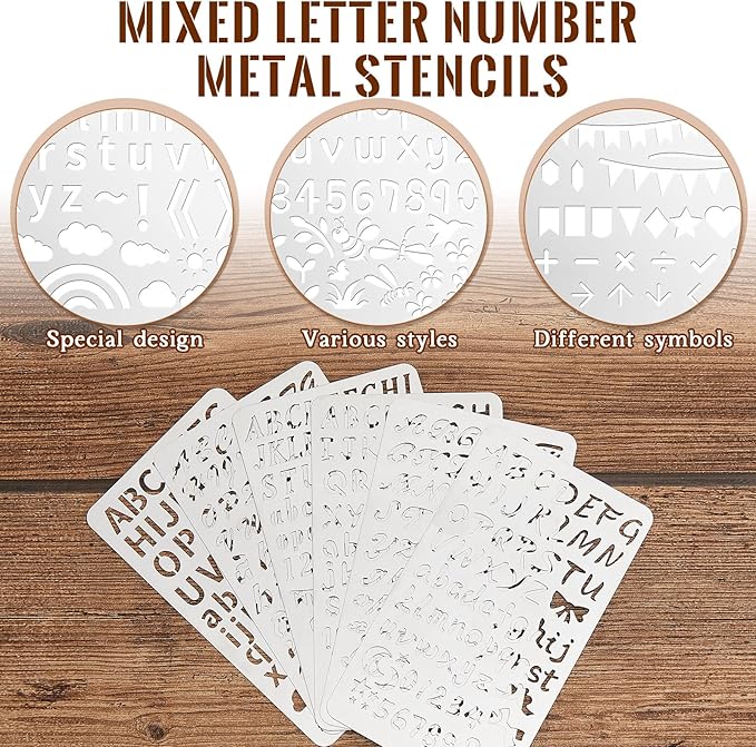 Lewtemi 6 Pcs Mixed Metal Stencil Wood Stencil Templates Stencils for Journaling Burning Stencils for Wood Carving Drawing Engraving Scrapbooking Journal Craft DIY (Letter Style)