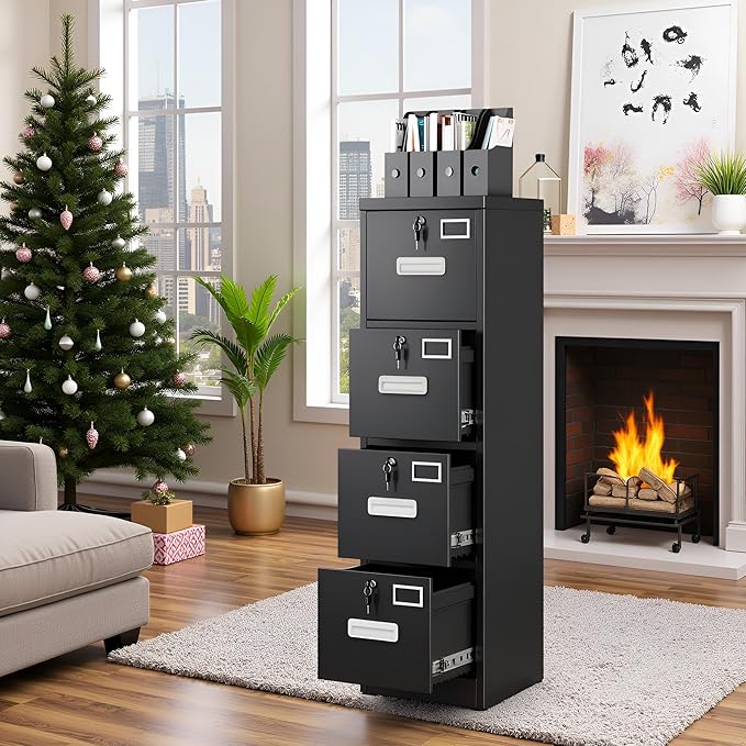 SUXXAN 4 Drawer File Cabinet, Metal Vertical Black Filing Cabinets with Locks Name Card Holder for Home Office, Assembly Required