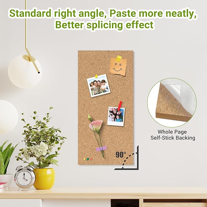 AKTOP Cork Board Bulletin Board 17"x8", 1/2" Thick Cork Board Tiles 6 Pack, Small Pin Board for Wall Decor, Self Adhesive Corkboards with 60 Push Pin Wood Clips for School, Home & Office