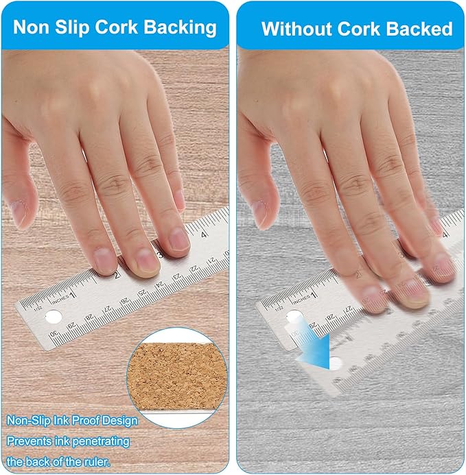 PATIKIL 16 Inch Stainless Steel Ruler Straight Edge Ruler, 2 Pcs Cork Backing Non-Slip Metal Ruler with Inches Centimeter Metric Measuring Tools for Office