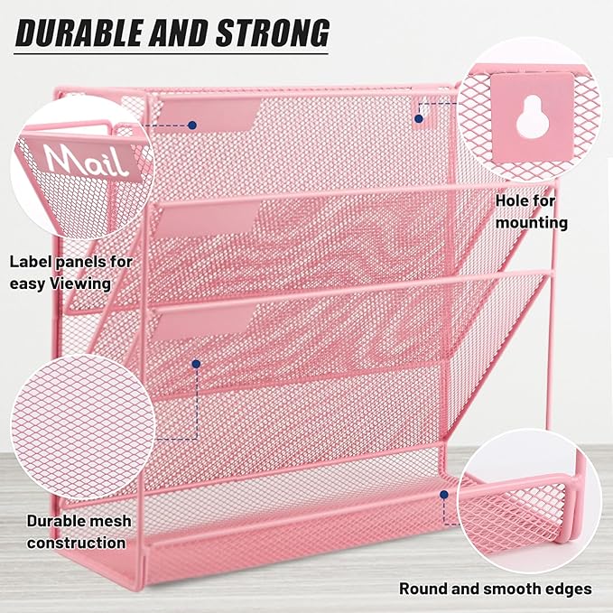 EASEPRES Desk File Organizer Mesh 4-Tier, Hanging Wall Mount Document Organization Stand, Desktop Vertical Mail Paper Folder Holder Rack with Bottom Tray for Office Home Cubicle Countertop, Pink