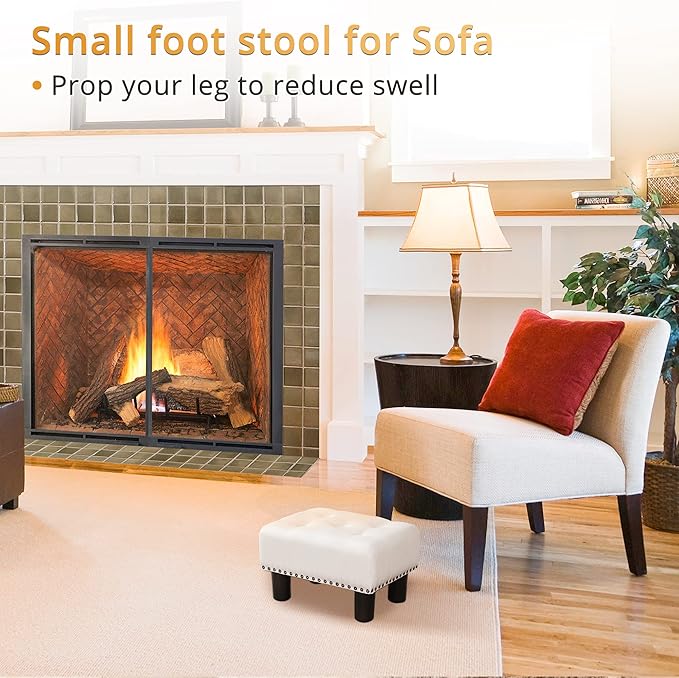 LUE BONA Small Tufted Foot Stool, Beige Rivet Fabric Ottoman with Plastic Legs, 9''H, Rectangle Footstool for Adult with Non-Slip Pads, Sofa Foot Rest for Living Room, Couch