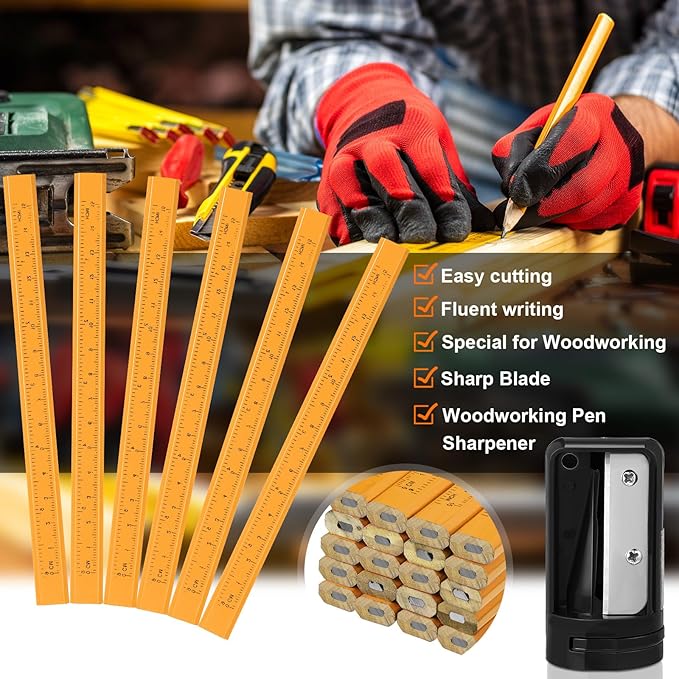 Honoson 200 Pcs Flat Construction Pencils with Printed Ruler Wood Graphite 2 Pcs Carpenter Pencil Sharpener for Woodworking Marking Tool(Wood)