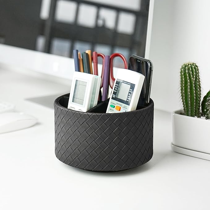 Hennaja Round Leather Art Supply Organizer,Remote Control Holder,360 Degree Spinning,Multi-Functional Pencil Holder,4 Compartments Desktop Stationary Organizer(1-Weave Black)