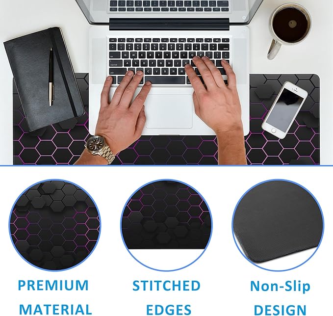 Grid with Purple Light Large Gaming Mouse Pad,Waterproof Desk Mat for Desktop,Non-Slip Rubber Base Mousepad with Stitched Edges for Laptop Office and Home 35.4X15.7 Inch