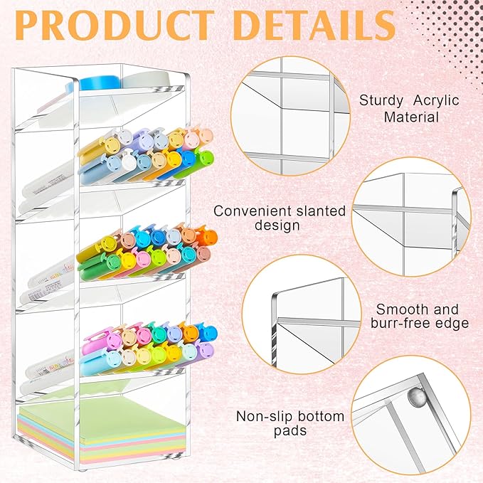 Acrylic Pen Organizer Storage for 50 Markers Vertical Marker Organizer Acrylic Pen Display Holder for Office Desk Desktop Stationery Pencil Storage, Clear, 3.4 x 4 x 10.2 Inch