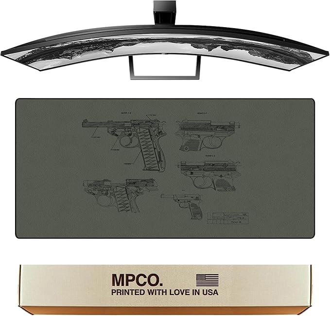 MPCO. Blueprints Large Gaming Desk Pad - 36" x 17" Duraglyde Fabric Pistol 38 – Green Desk Mats - Non-Slip, Washable, Smooth Glide for Precision Gaming & Work