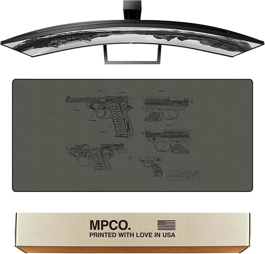 MPCO. Blueprints Large Gaming Desk Pad - 36" x 17" Duraglyde Fabric Pistol 38 – Green Desk Mats - Non-Slip, Washable, Smooth Glide for Precision Gaming & Work