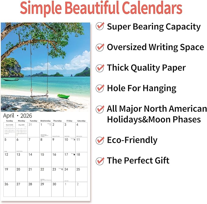 2026 Wall Calendar,Calendar 2026, July 2025 - December 2026, Wall Calendar Tropical Beaches, 12" x 24" Opened,Full Page Months Thick & Sturdy Paper for Calendar Organizing & Planning