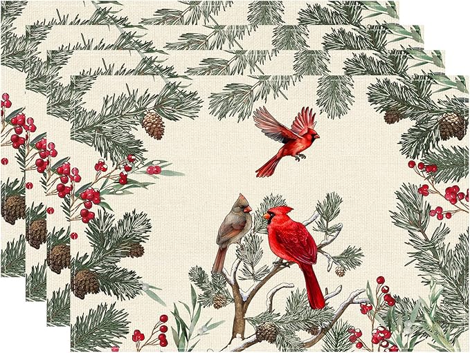 XCHI Cardinal Birds Winter Pine Tree Christmas Xmas Placemats Set of 4 Table Mats for Party Home Kitchen Dining Table Decorations 12x18 Inch