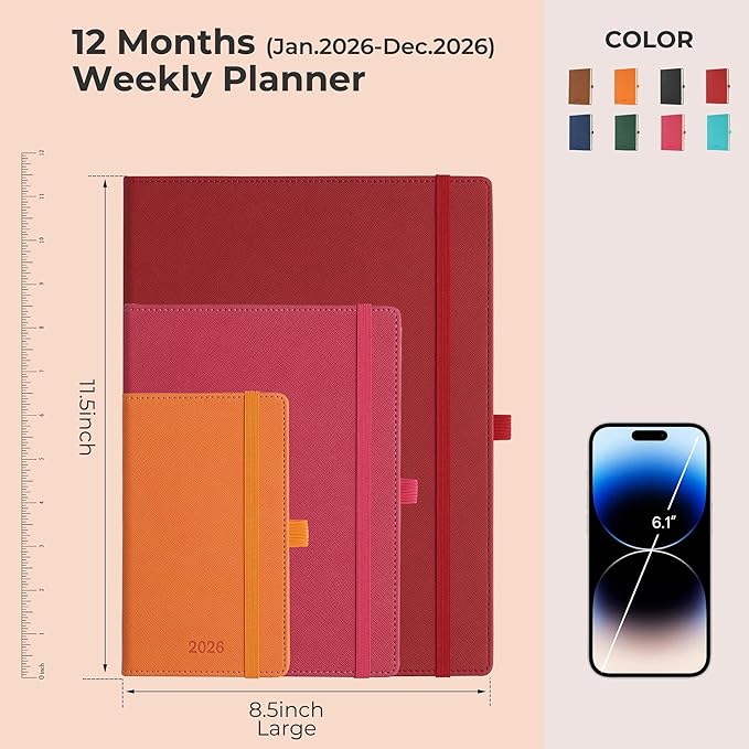 Weekly Monthly 2026 Planner (Jan.26-Dec.26),11.5"x8.5",12 Months Agenda Plan with Month Tabs & Pocket,Expenses/Note Pages, Appointment Book Calendar with Hardcover Vegan Leather Cover,Red