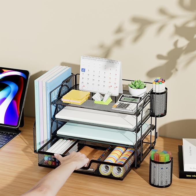 Marbrasse Desk Organizer and Accessories，4-Tier Paper Letter Tray Organizer with File Holder, Desk Accessories & Workspace Organizers with Drawer and 2 Pen Holder (Black, 15.4" x 9.1" x 8.3")