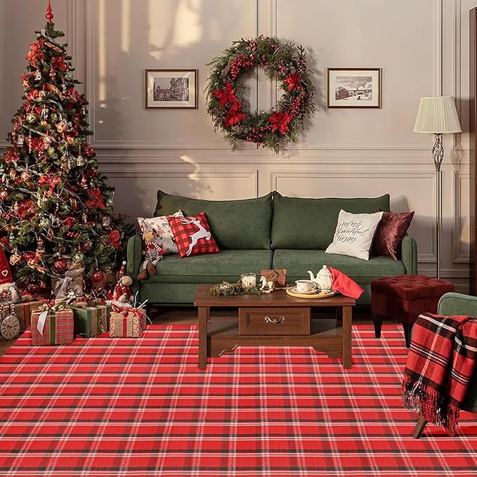Christmas Red Green White Plaid Rug 8x10 ft, Extra Large Cotton Hand-Woven Buffalo Check Area Rug for Living Room, Bedroom, Patio, Christmas Holiday Farmhouse Decor, Washable Outdoor Indoor Carpet