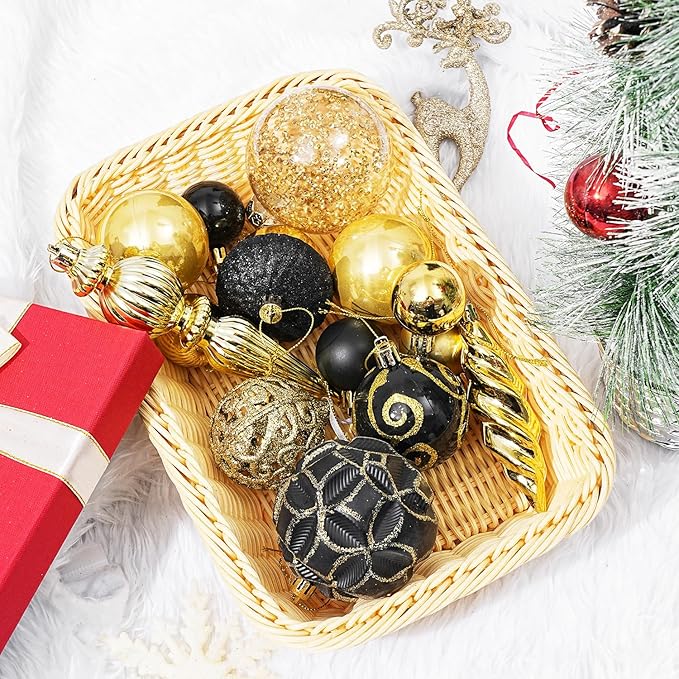 123pcs Christmas Ball Ornaments Set, Shatterproof Plastic Balls for Classic Xmas Decorations, Hanging Ornaments for Christmas Tree, Holiday, Bridal, Home Party, Gold and Black