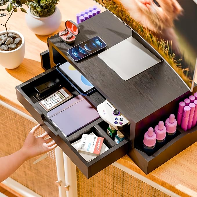 Simple Trending Monitor Stand Riser and Computer Wood Desk Organizer with Drawer and Pen Holder for Laptop, Computer, iMac, Black