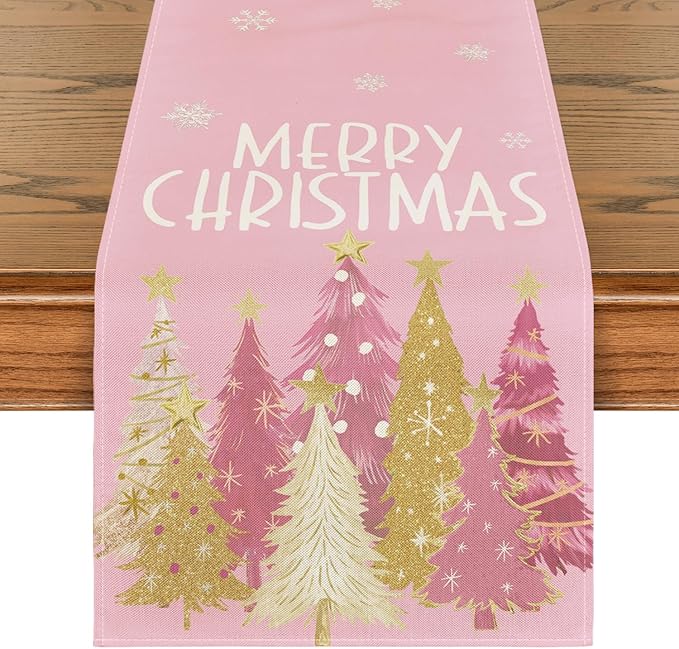 Artoid Mode Xmas Trees Snowflakes Pink Merry Christmas Table Runner, Winter Seasonal Kitchen Dining Table Decoration for Home Party Decor 13x108 Inch