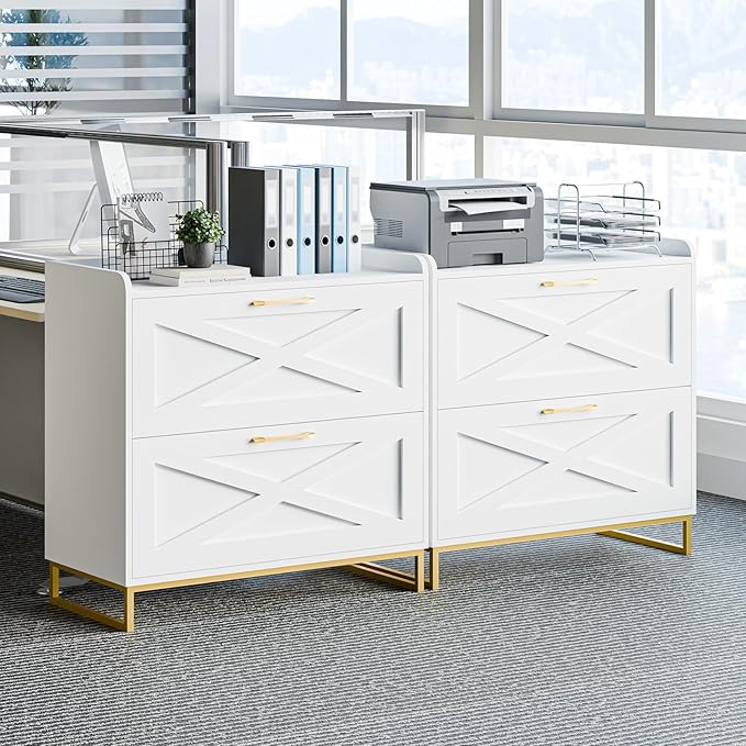 Lateral File Cabinet 2 Drawer File Cabinet with Charging Station for Legal/Letter/A4 Size Hanging Files, Modern Farmhouse Large Wood File Storage Cabinet for Home Office Furniture(White and Gold)