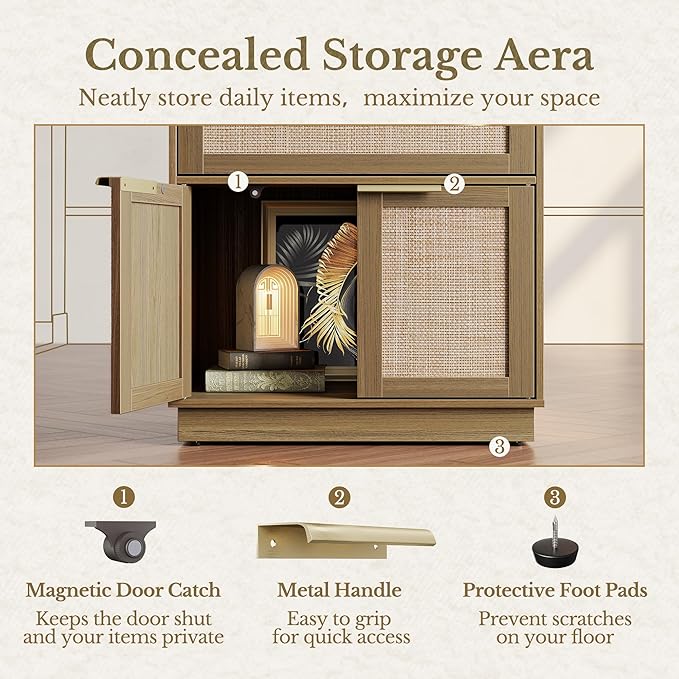Bookshelf with 2 Drawers and Doors, 73 Inch Rattan Tall Bookcase with 4-Tier Storage Shelves, Wooden Book Shelf for Home Office, Light Oak