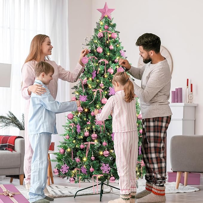 86Pcs Led Light Pink Christmas Tree Decorations Set 100 Led Light Christmas Star Trees Topper with String Lights Xmas Balls Snowflakes Ornaments Bows Xmas Trees Decor 20m Light String