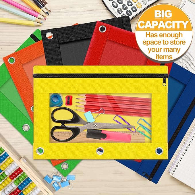 Pencil Pouch for 3 Ring Binder, Bulk 6 Pack 3 Hole Zipper Pencil Pouches with Clear Window, Pencils Bags in Assorted Colors, Sturdy and Durable Cloth Pencils Case for School Office College Supplies