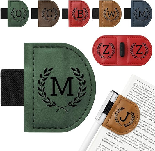 Personalized Bygone Mark Bookmark with Pen Holder,Engraving Leather Magnetic Bookmarks Vintage 26 Letters Name Initials Text Book Marker Clips Gifts for Reading Book Lovers Women (Green, M)