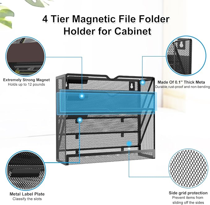 4 Tier Magnetic File Holder, Large Capacity Mesh Hanging Wall Organizer Vertical Magnetic Hanging File Organizer, Magnetic File Folder Holder for File Cabinets, Office, Whiteboard (Black)