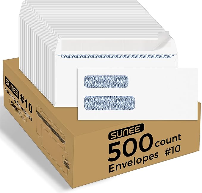 SUNEE Envelopes Self Seal – #10 Double Window Envelopes 500 Pack, Security Tint, Self Seal Closure, Fits Standard Business Checks, 4-1/8 x 9-1/2 Letter Envelope for Invoices & Mailings, 24LB