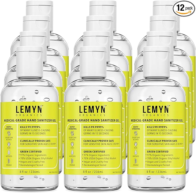 Medical Grade Hand Sanitizer Gel - 97% ORGANIC - 8 FL.OZ. Flip-Top (PACK OF 12)