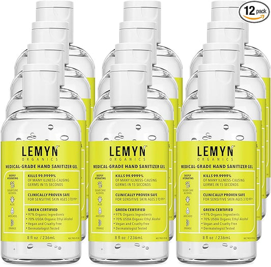 Medical Grade Hand Sanitizer Gel - 97% ORGANIC - 8 FL.OZ. Flip-Top (PACK OF 12)