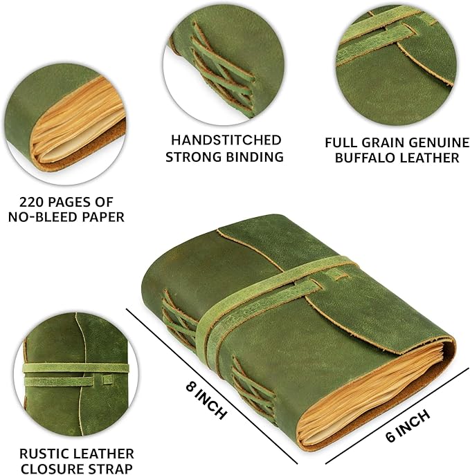 LEATHER VILLAGE Leather Bound Journal - Green, 8"X6", 220 Pages - Vintage Blank Paper Diary for Writing, Drawing, Sketchbook, and Travel Notebook - Ideal for Women and Men